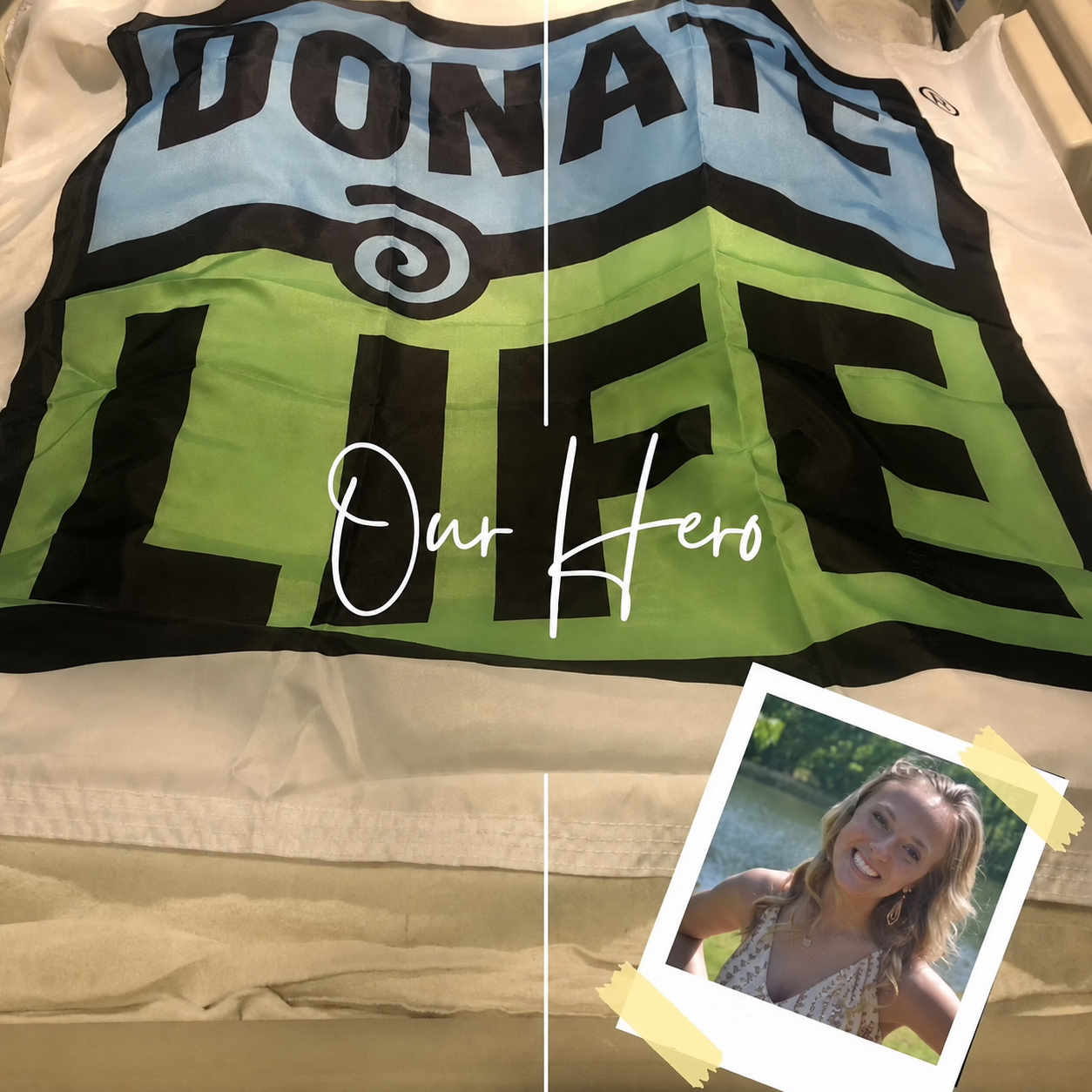 Bree beside a Donate Life flag honoring organ donors.